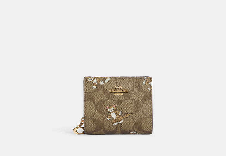 COACH®,SNAP WALLET IN SIGNATURE CANVAS WITH DANCING KITTEN PRINT,Mini,Gold/Khaki Multi,Front View