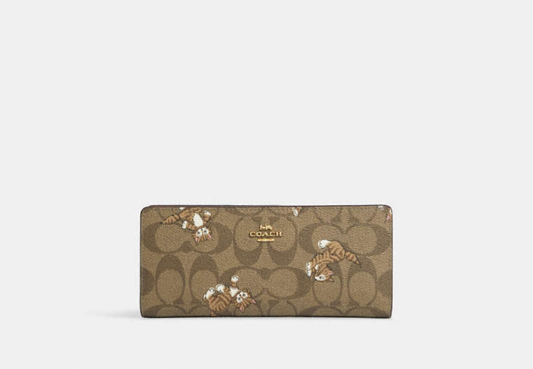 COACH®,SLIM WALLET IN SIGNATURE CANVAS WITH DANCING KITTEN PRINT,Gold/Khaki Multi,Front View