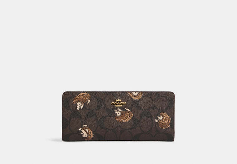 COACH®,SLIM WALLET IN SIGNATURE CANVAS WITH HEDGEHOG PRINT,Gold/Brown Black Multi,Front View
