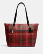COACH®,GALLERY TOTE BAG WITH TARTAN PLAID PRINT,Printed Coated Canvas,Large,Silver/Red/Black Multi,Front View