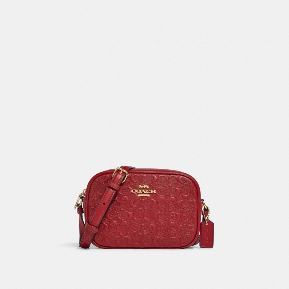 COACH®,MINI-SAC POUR APPAREIL PHOTO JAMIE EN CUIR SIGNATURE,Cuir de veau lisse,Doré/Rouge 1941,Front View