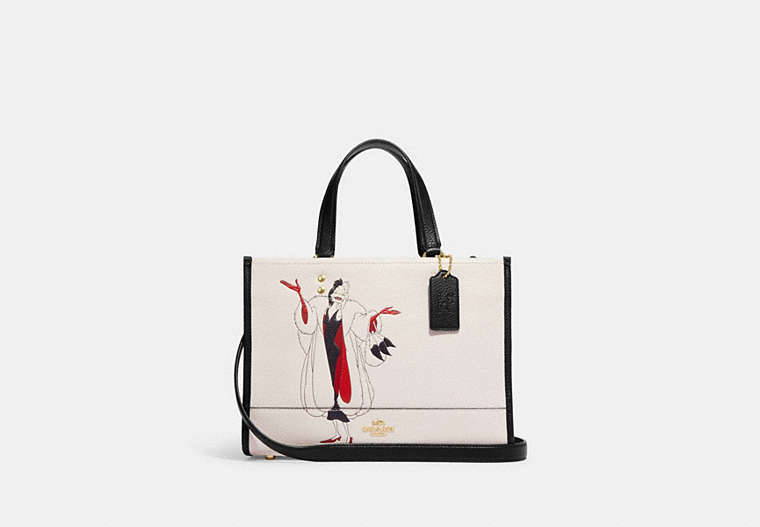 COACH®,DISNEY X COACH DEMPSEY CARRYALL WITH CRUELLA MOTIF,Refined Pebble Leather,Gold/Chalk Multi,Front View