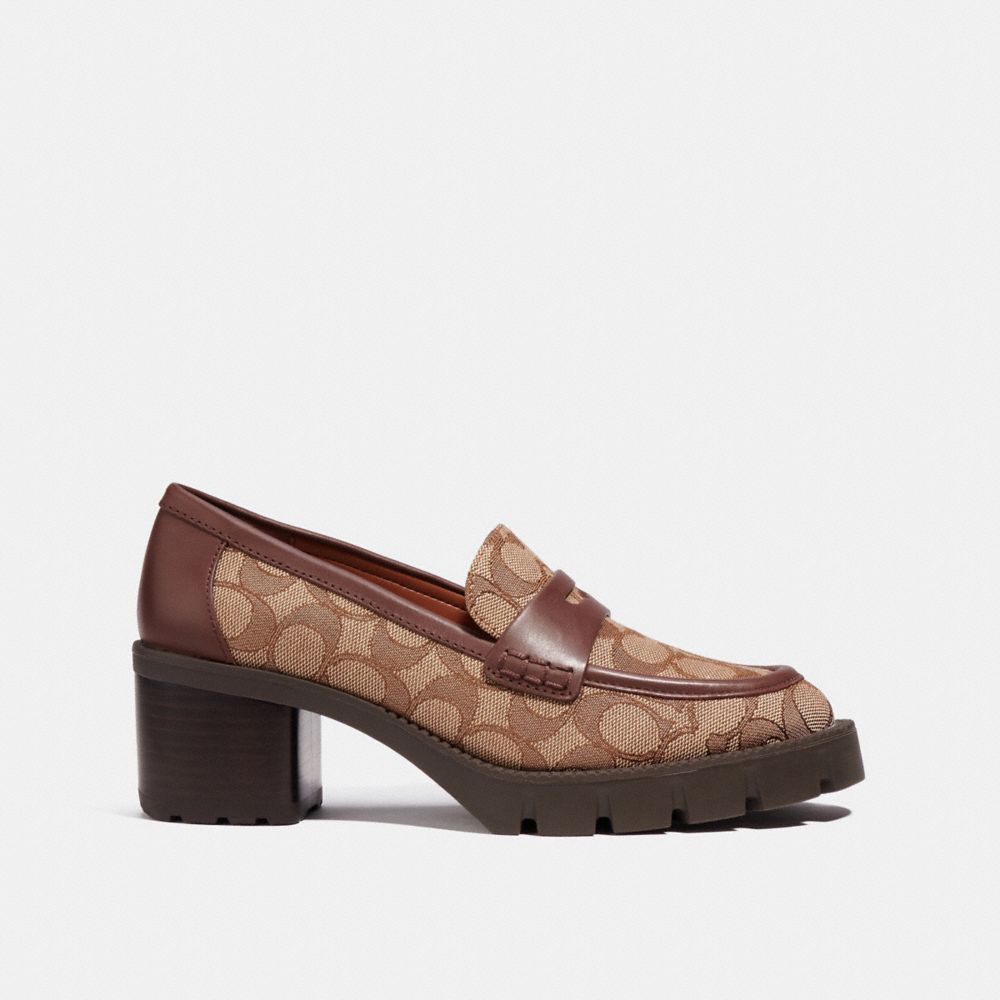 COACH®,COLLEEN LOAFER IN SIGNATURE JACQUARD,Walnut/Khaki Sig C,Angle View