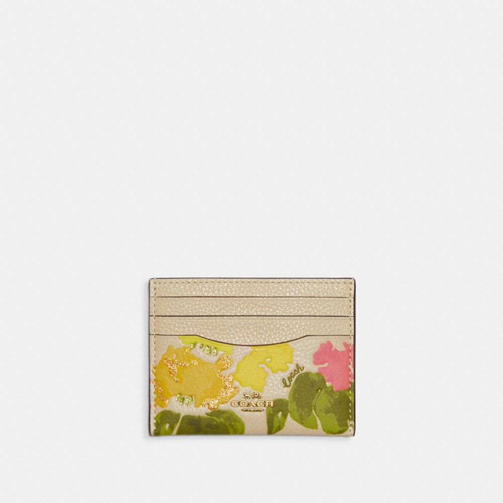 COACH®,CARD CASE WITH FLORAL PRINT,Polished Pebble Leather,Brass/Multi,Front View