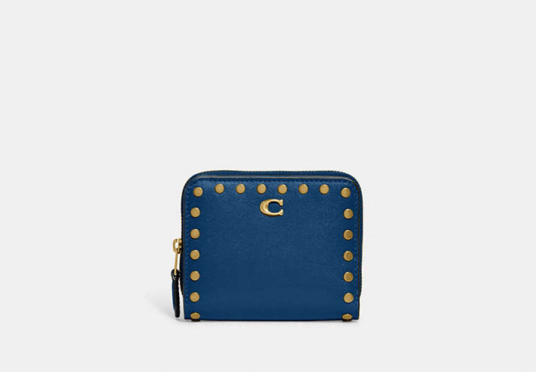 COACH®,BILLFOLD WALLET WITH RIVETS,Glovetanned Leather,Brass/Blue,Front View
