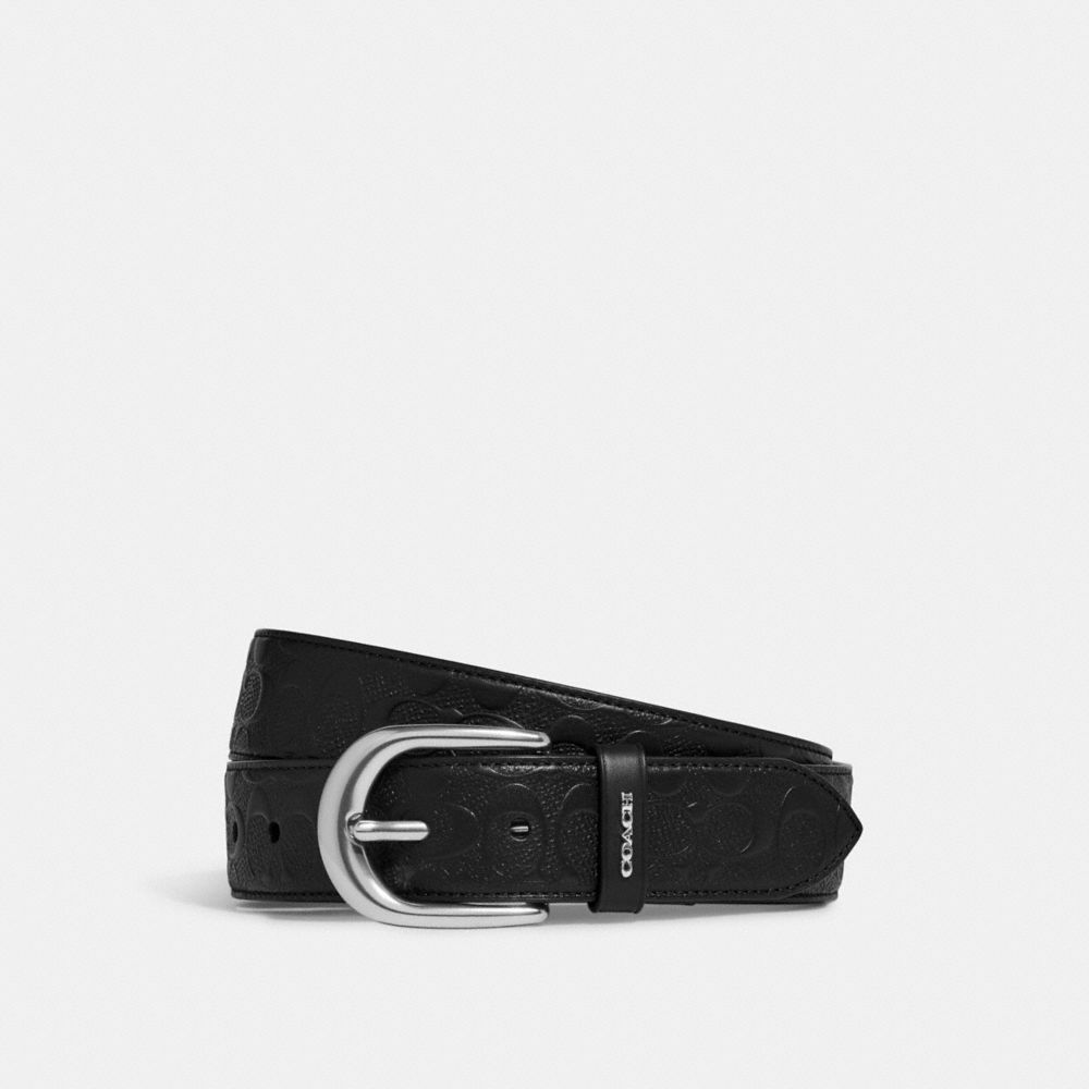 COACH®,CEINTURE À BOUCLE À HARNAIS, 38 MM,Cuir,Argenté/Noir,Front View