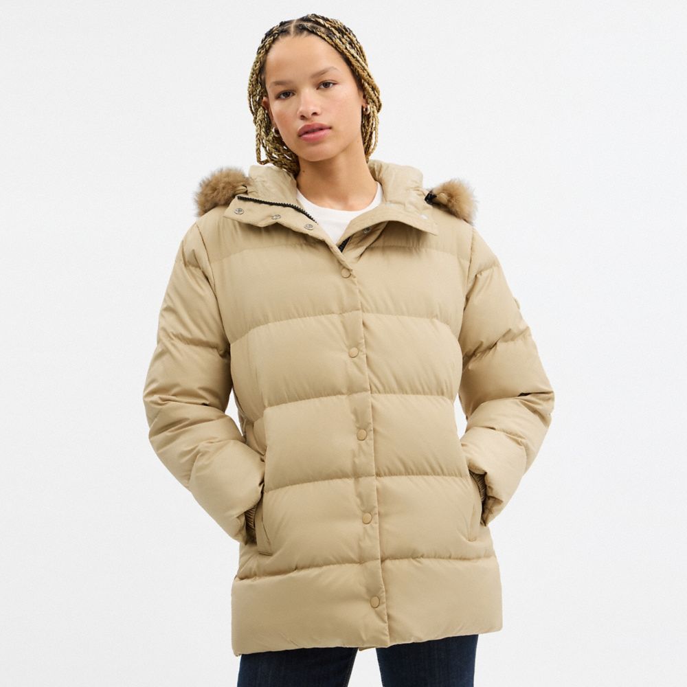 COACH®,ミッド パッファー コート・シアリング,ジャケット&コート,ﾍﾞｰｼﾞｭ