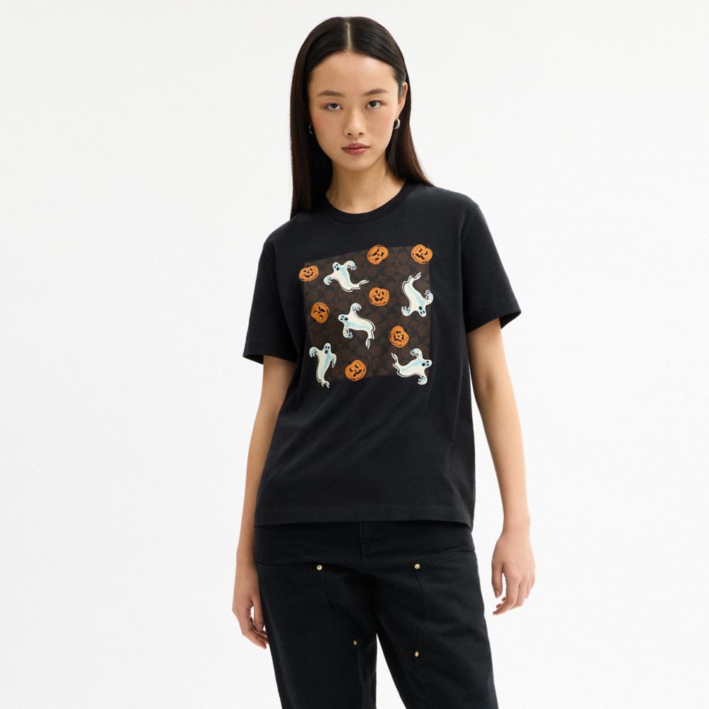 COACH®,Pumpkin And Ghost Signature Classic T Shirt,Black,Scale View