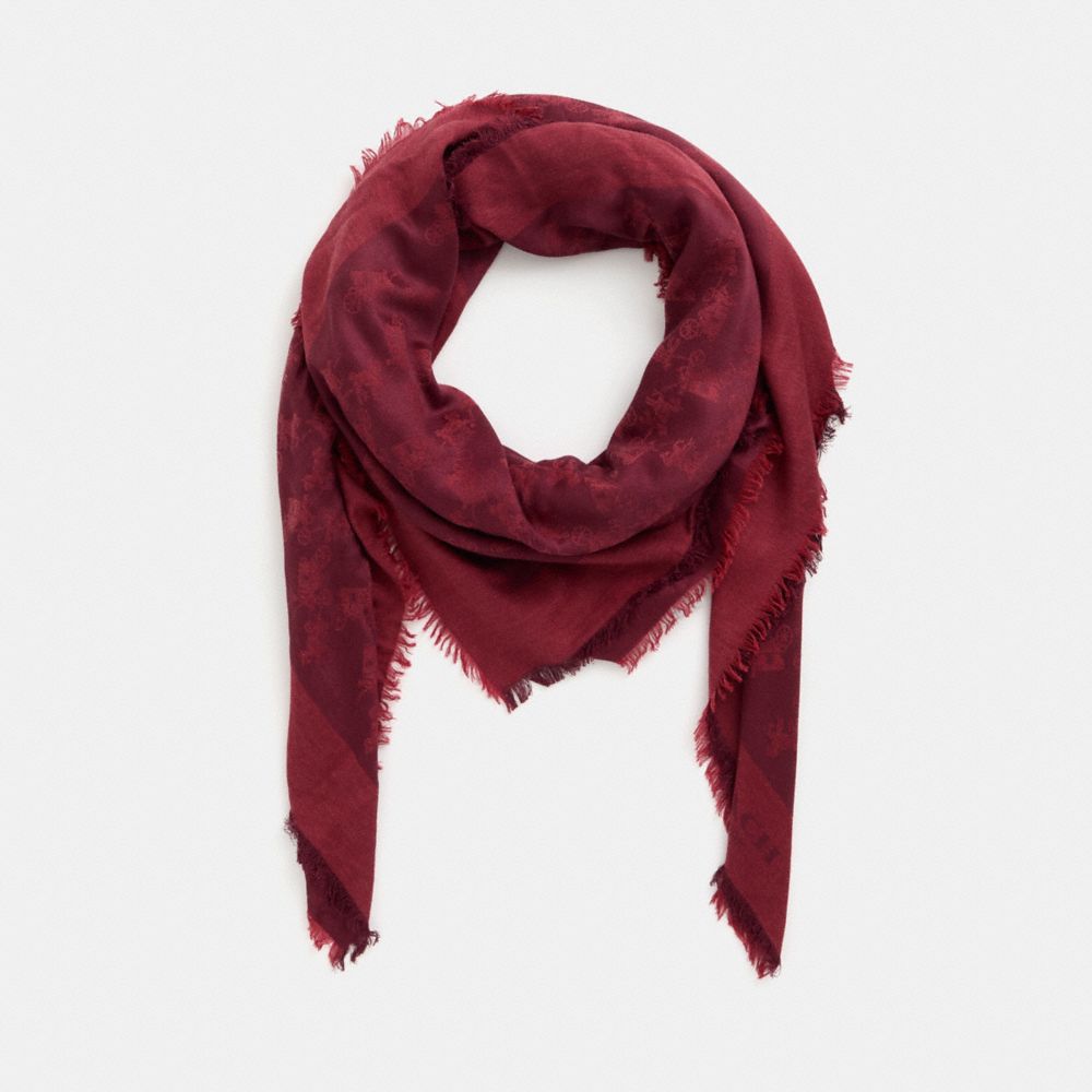 COACH®,Restored Horse And Carriage Jacquard Oversized Square Scarf,Wool,Viscose,Silk,Square,Frayed,Casual,Maroon,Front View
