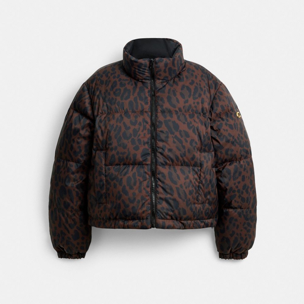Coach Leopard Print Reversible Puffer Jacket In Recycled Polyamide In Brown