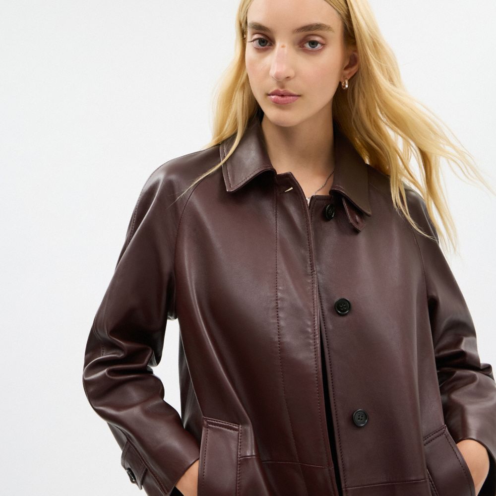 Coach Leather Balmacaan In Burgundy
