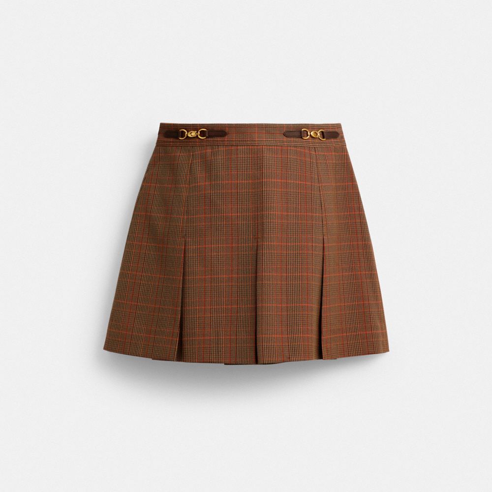 Coach Sculpted C Plaid Pleated Skirt In Brown