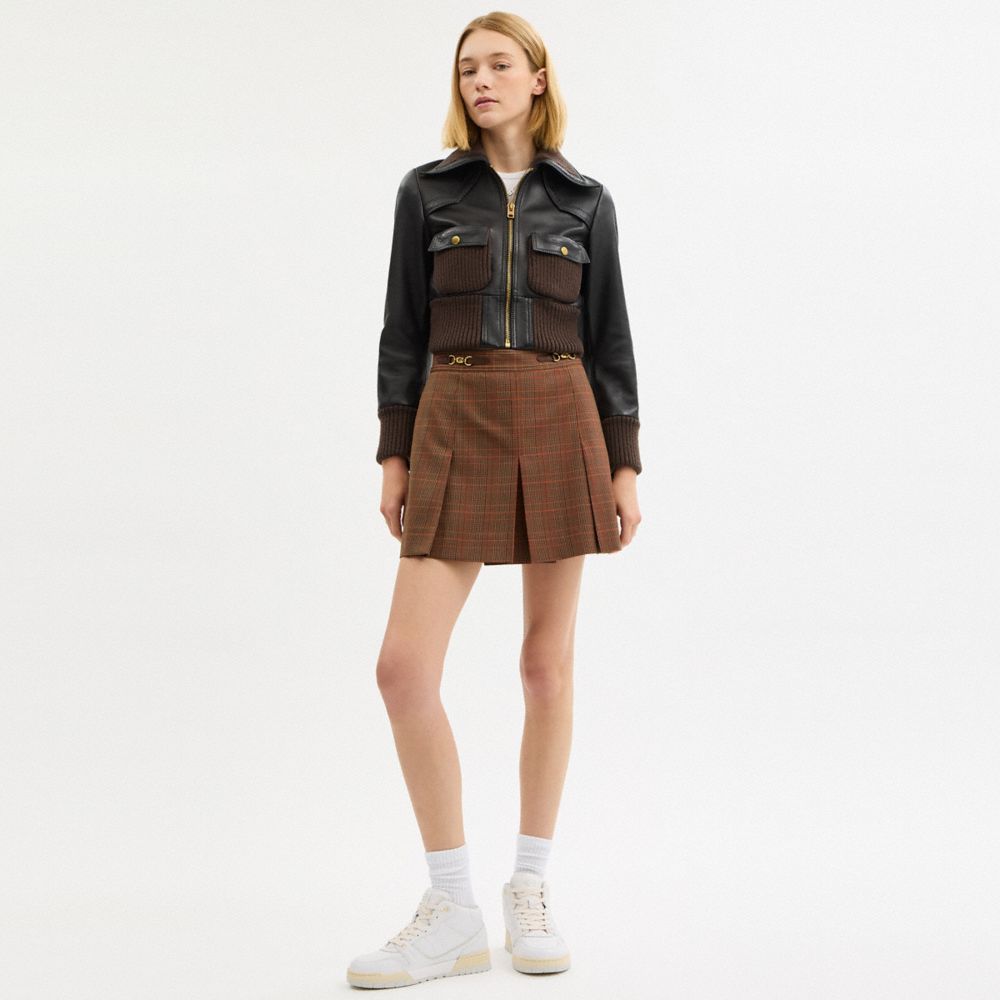 Coach Sculpted C Plaid Pleated Skirt In Brown
