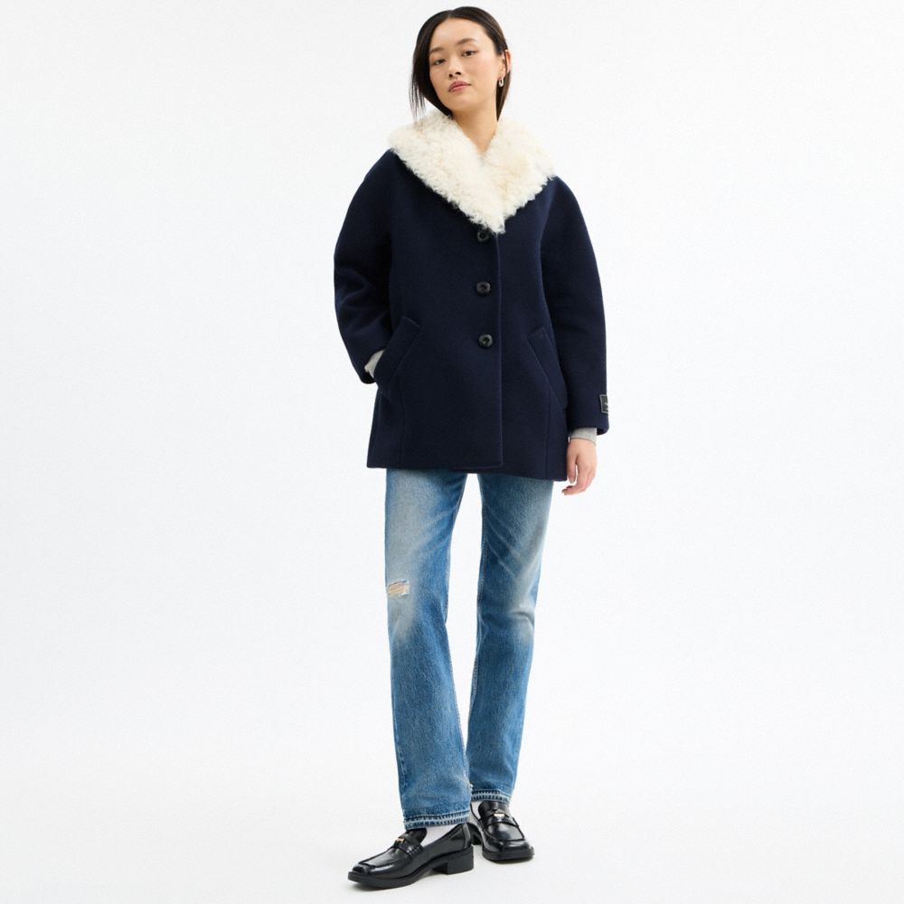 Coach Wool Coat With Shearling Collar In Blue