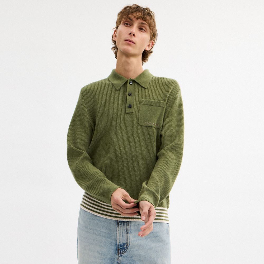 COACH®,Knit Long Sleeve Pocket Polo,,Scale View