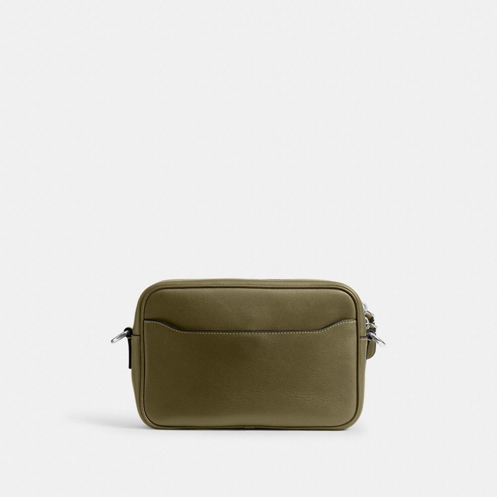 COACH®,Radio Camera Bag,Lining Nylon,Leather,Crossbody,Logo,Convertible,Lined,Compact,Adjustable,Silver Metal,Casual,Olive,Back View