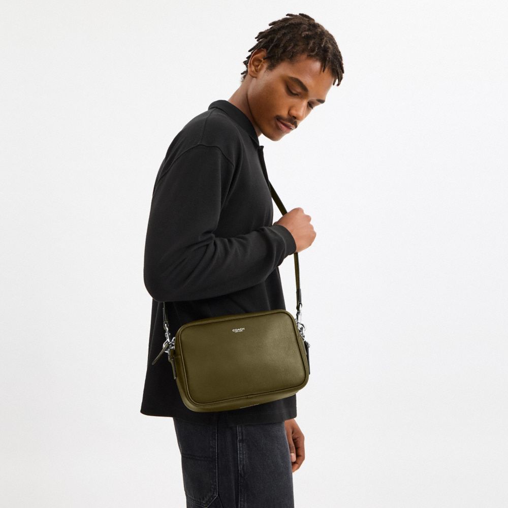 COACH®,Radio Camera Bag,Leather,Crossbody,Logo,Lined,Adjustable,Compact,Silver Metal,Casual,Olive,Detail View