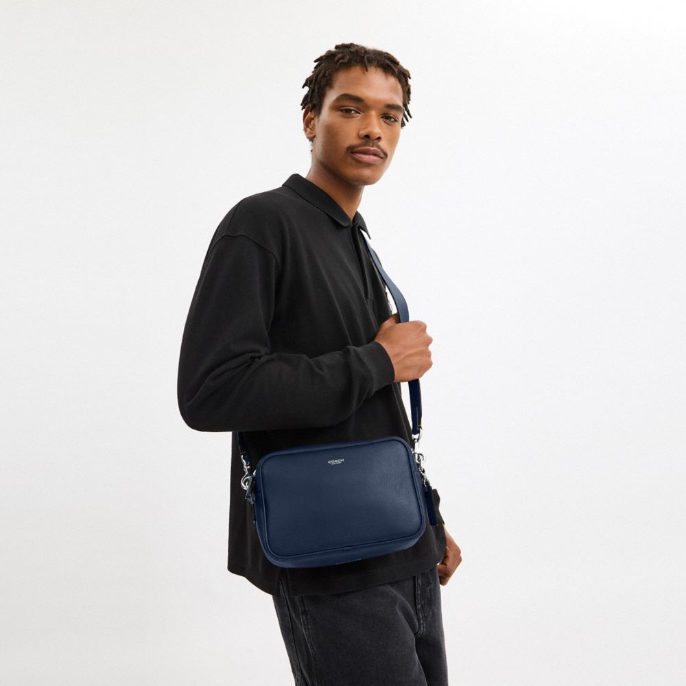 COACH®,Radio Camera Bag,Leather,Crossbody,Logo,Compact,Lined,Adjustable,Silver Metal,Casual,,Detail View