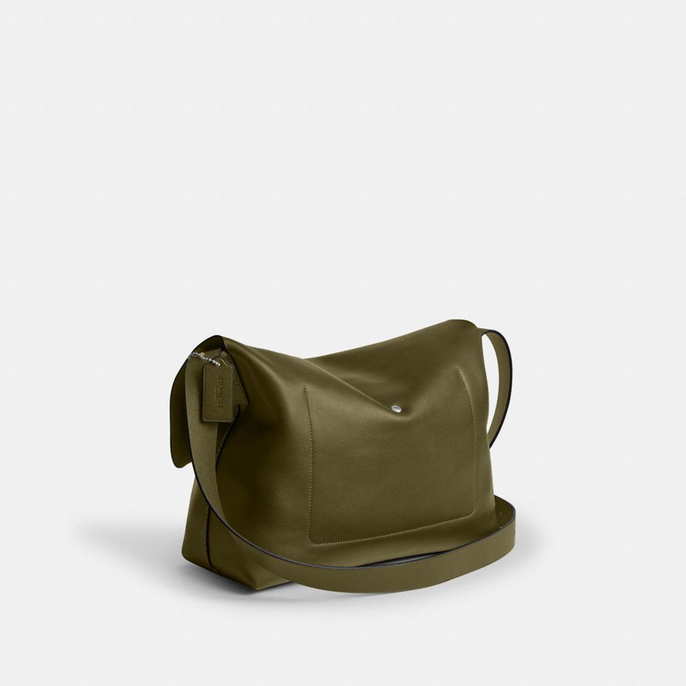 COACH®,Ludlow Messenger Bag,Lining Leather,Leather,Crossbody,Lined,Adjustable,Silver Metal,Casual,Olive,Angle View