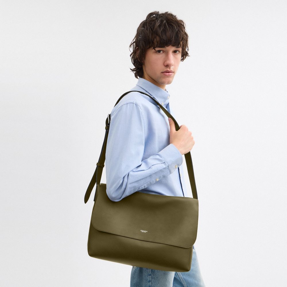 COACH®,Ludlow Messenger Bag,Lining Leather,Leather,Crossbody,Lined,Adjustable,Silver Metal,Casual,Olive,Detail View