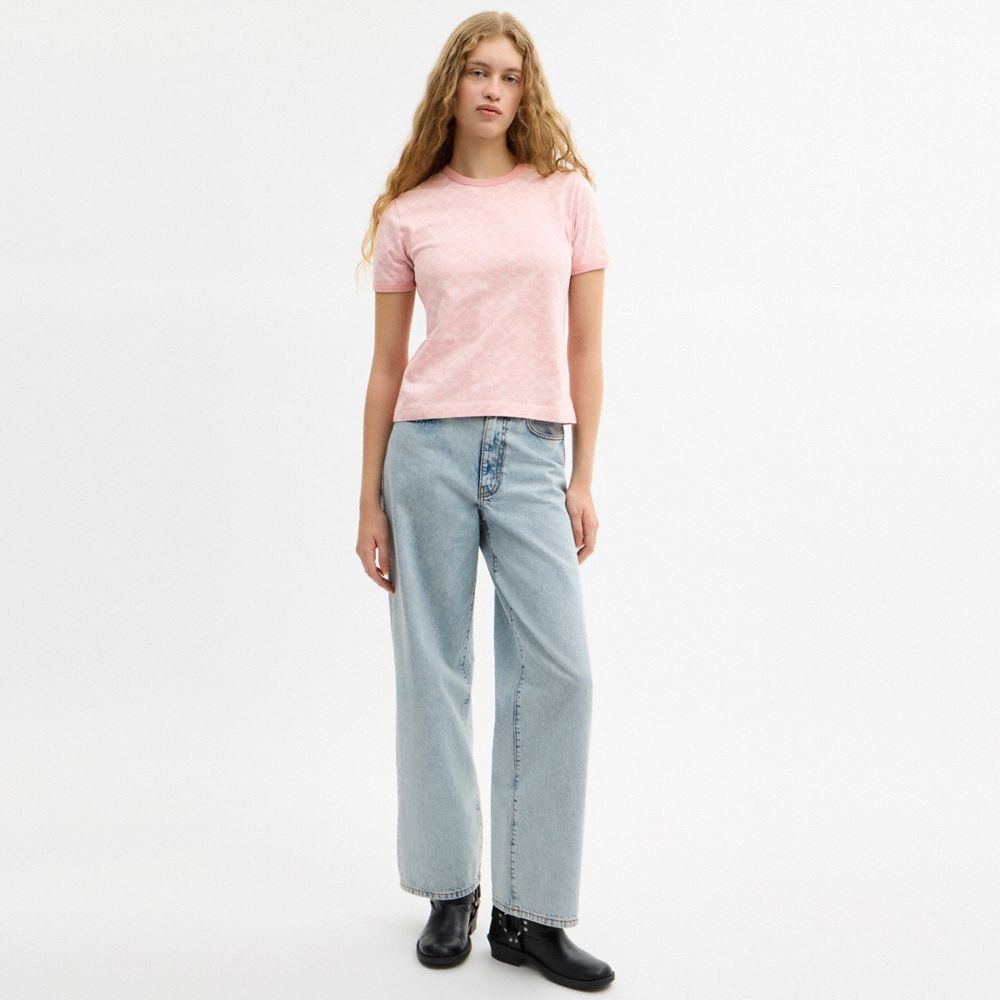 COACH®,Signature Ringer T-Shirt,Cotton Knit,Knit,Cotton,T Shirt,Pattern,Logo,Embellished,Casual,,Scale View
