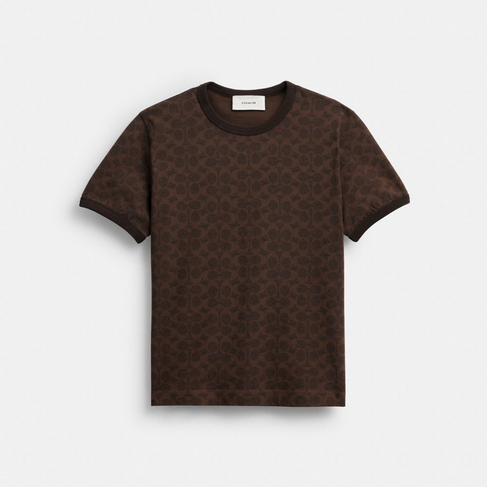 COACH®,Signature Ringer T-Shirt,Cotton Knit,Knit,Cotton,T Shirt,Pattern,Logo,Embellished,Casual,Brown,Front View