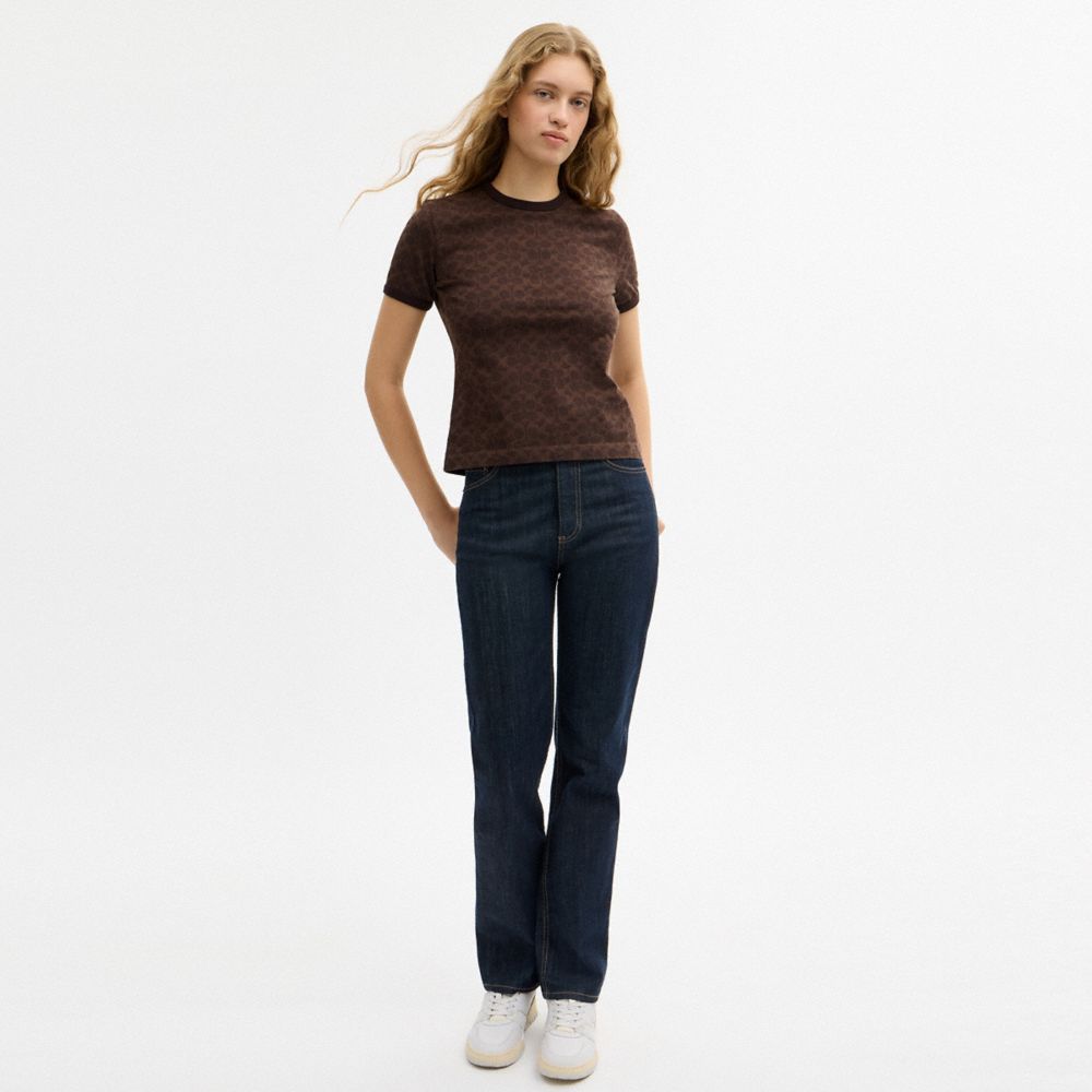 COACH®,Signature Ringer T-Shirt,Cotton Knit,Knit,Cotton,T Shirt,Pattern,Logo,Embellished,Casual,Brown,Scale View