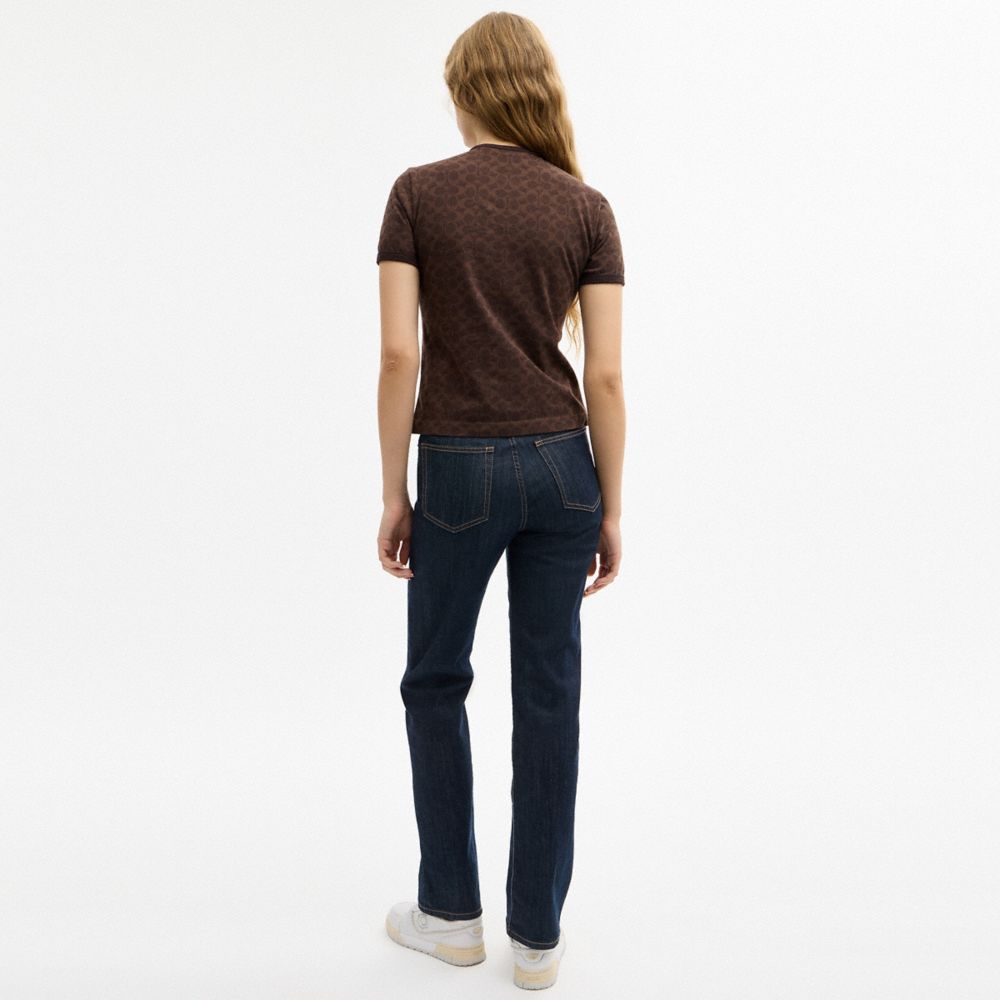 COACH®,Signature Ringer T-Shirt,Cotton Knit,Knit,Cotton,T Shirt,Pattern,Logo,Embellished,Casual,Brown,Scale View