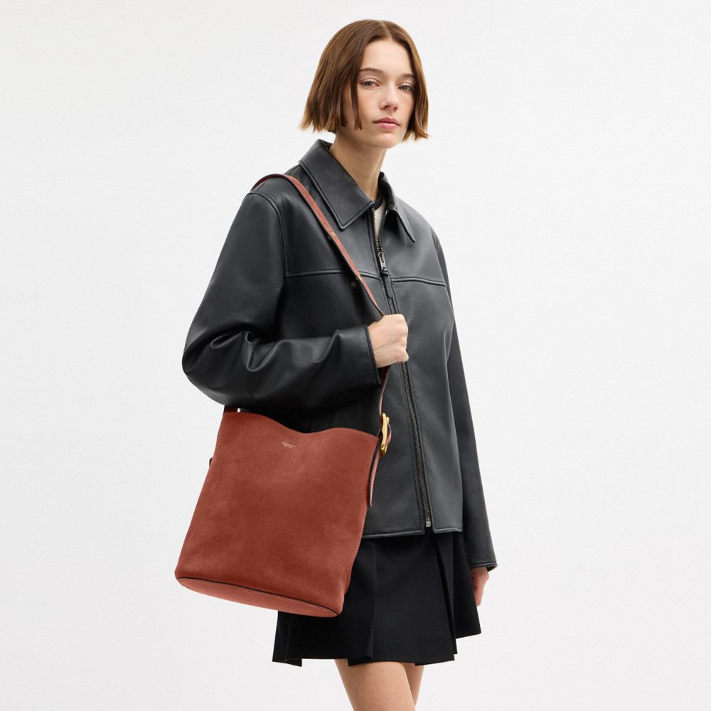 COACH®,Bleecker Bucket Bag,Leather,Suede,Bucket,Hobo,Embellished,Adjustable,Lined,Gold Metal,Casual,Brown,Detail View