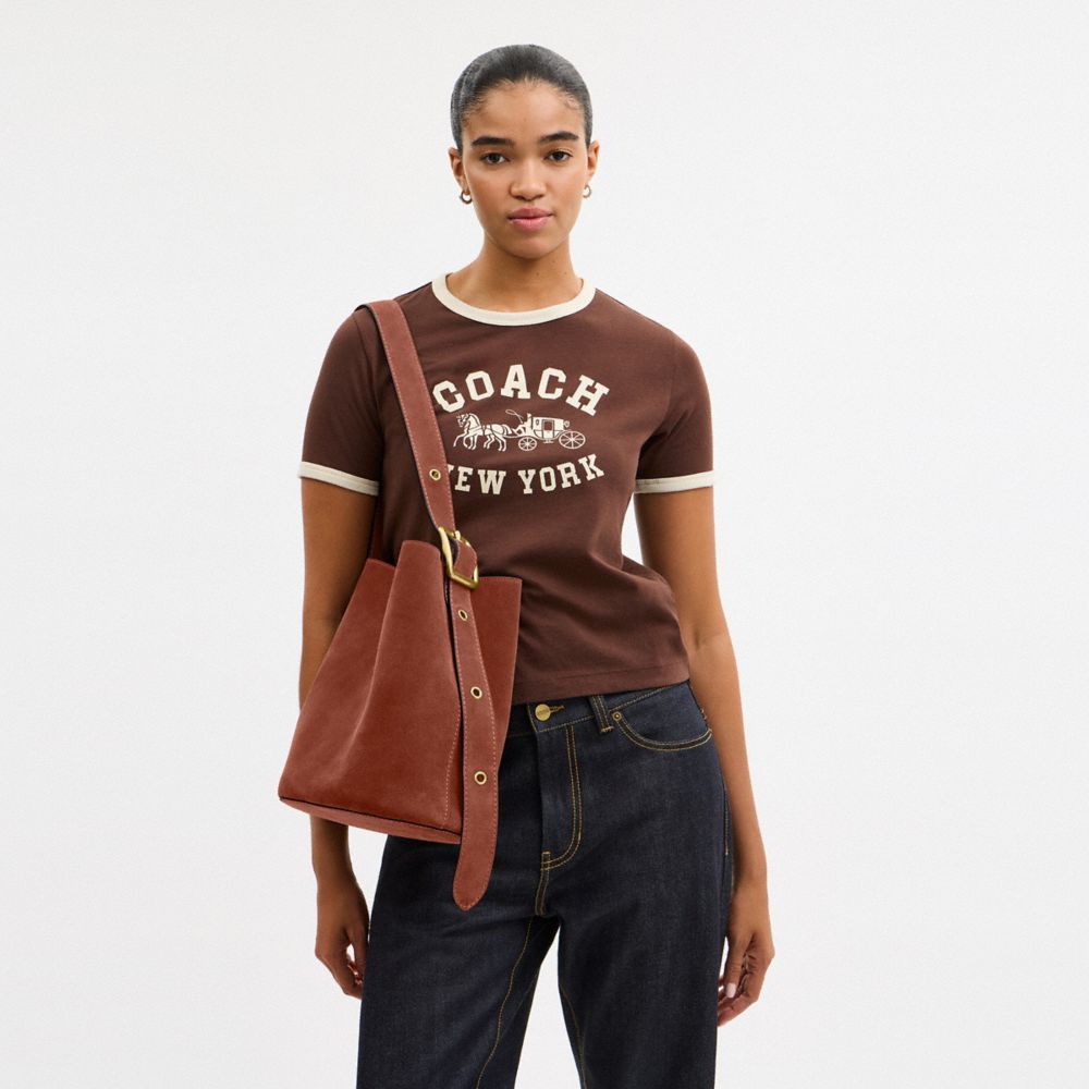 COACH®,Bleecker Bucket Bag,Leather,Suede,Bucket,Hobo,Embellished,Adjustable,Lined,Gold Metal,Casual,Brown,Detail View