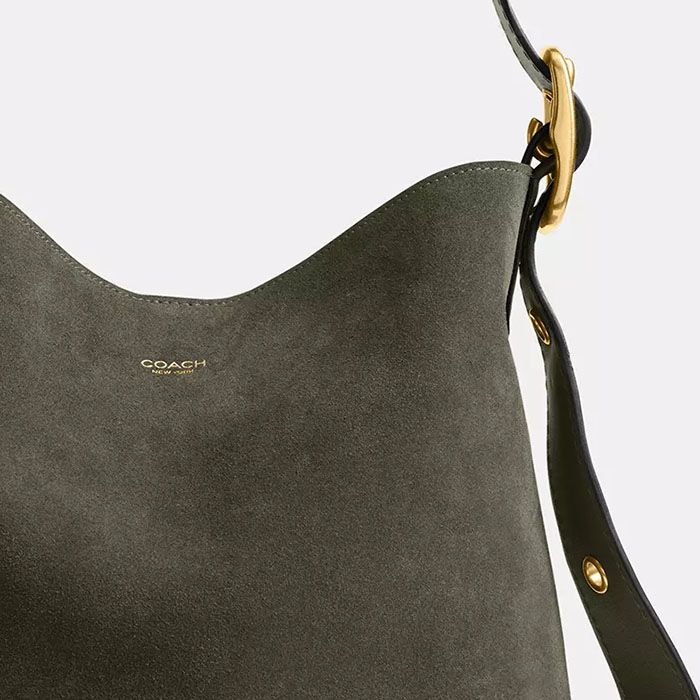 COACH®,Bleecker Bucket Bag,Suede,Lining Leather,Leather,Mixed Media,Bucket,Hobo,Embellished,Adjustable,Lined,Removable Pou...,Olive