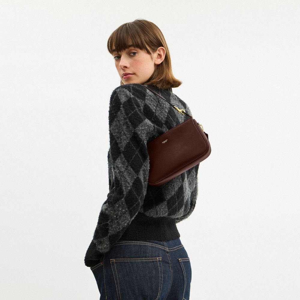 COACH®,Plaza Bag,Leather,Shoulder Bag,Logo,Lined,Compact,Brass,Day Party,Brown,Detail View