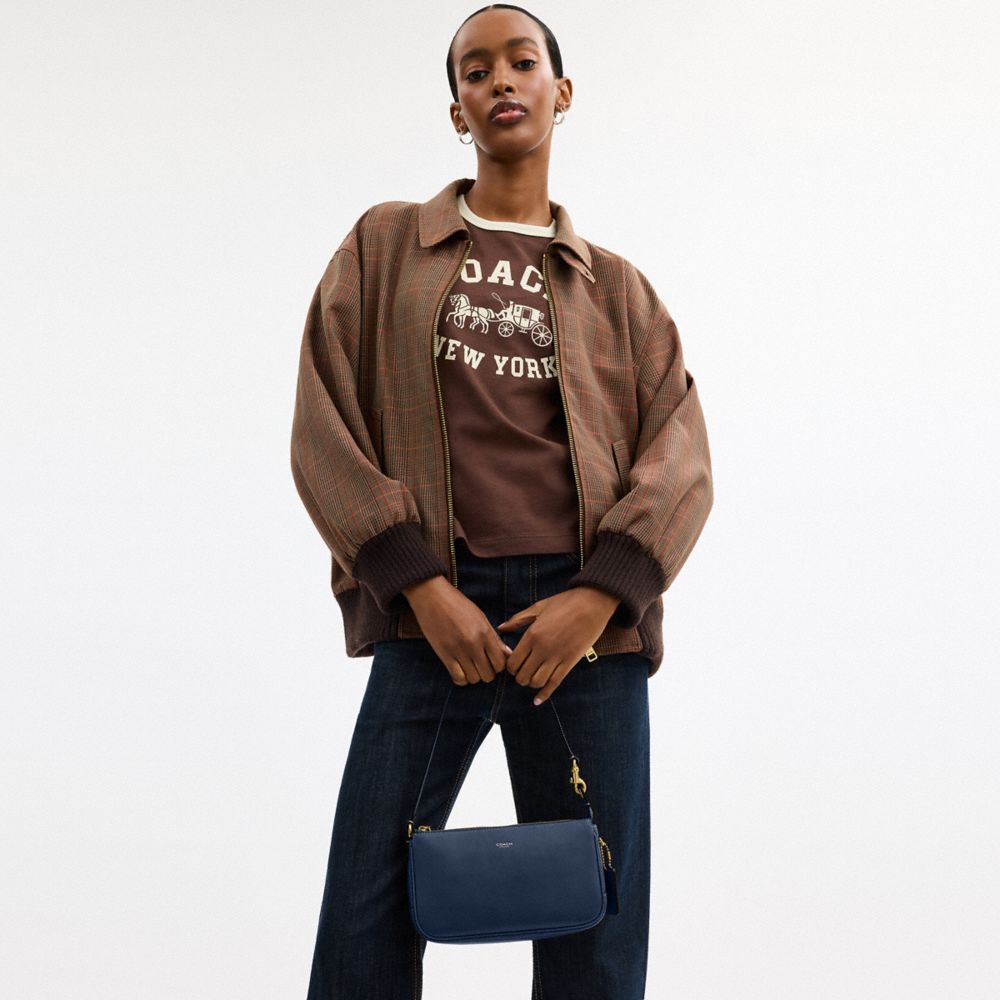 COACH®,Plaza Bag,Leather,Shoulder Bag,Logo,Compact,Lined,Brass,Day Party,Navy,Detail View