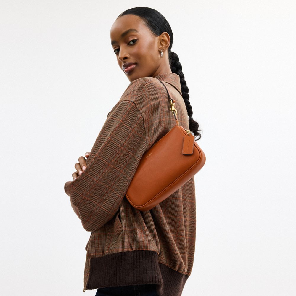 COACH®,Plaza Bag,Leather,Shoulder Bag,Logo,Lined,Compact,Brass,Day Party,Brown,Detail View