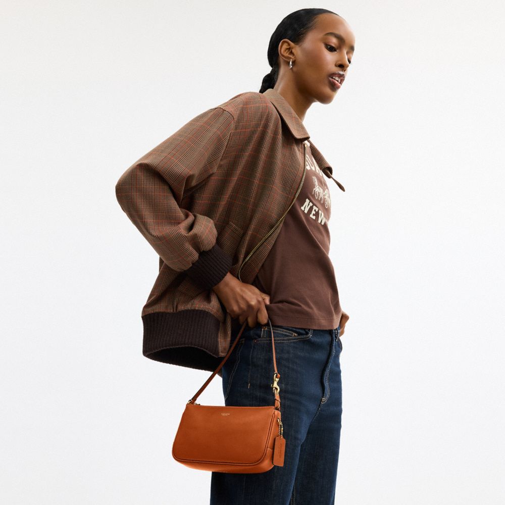 COACH®,Plaza Bag,Leather,Shoulder Bag,Logo,Lined,Compact,Brass,Day Party,Brown,Detail View