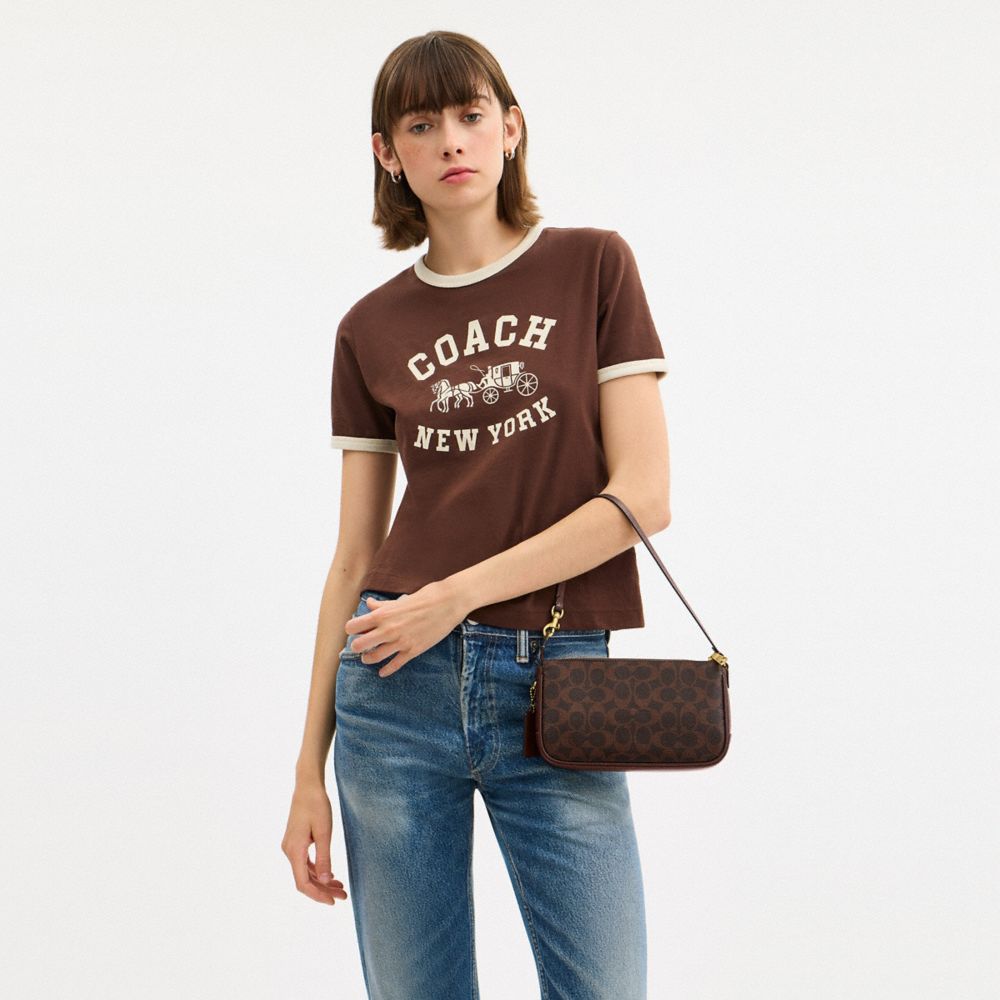 COACH®,Plaza Bag In Signature Canvas,Leather,Calfskin Leather,Canvas,Shoulder Bag,Logo,Embellished,Pattern,Tag Embellishme...,Brown,Detail View