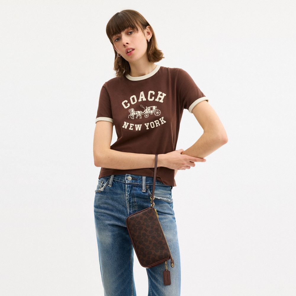 COACH®,Plaza Bag In Signature Canvas,Leather,Calfskin Leather,Canvas,Shoulder Bag,Logo,Embellished,Pattern,Tag Embellishme...,Brown,Detail View