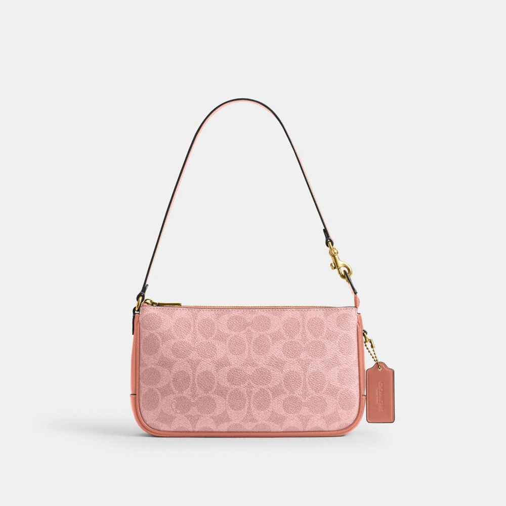 COACH®,Plaza Bag In Signature Canvas,Leather,Calfskin Leather,Canvas,Shoulder Bag,Logo,Embellished,Pattern,Tag Embellishme...,Pink,Front View