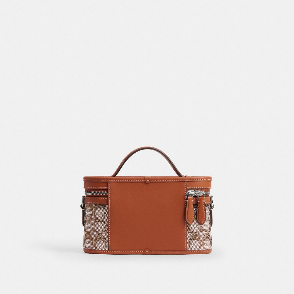 COACH®,Trail Bag In Crystal Signature Jacquard,Leather,Cotton,Fabric,Vanity Bag,Crystal,Color Block,Word Embellishment,Log...,Brown,Back View