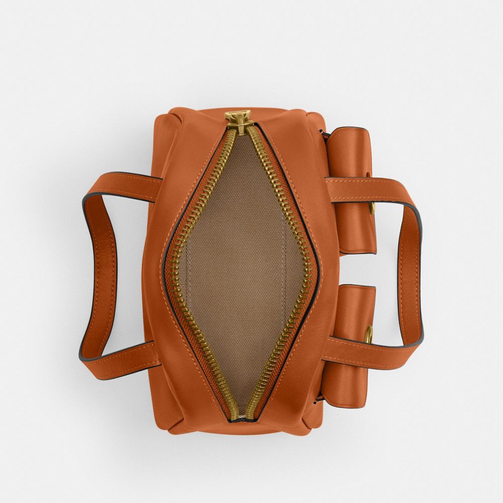 COACH®,Twin Turnlock Bag 20,Leather,Bowler Bag,Compact,Luggage Tag,Lined,Brass,Day Party,Brown,Inside View,Top View