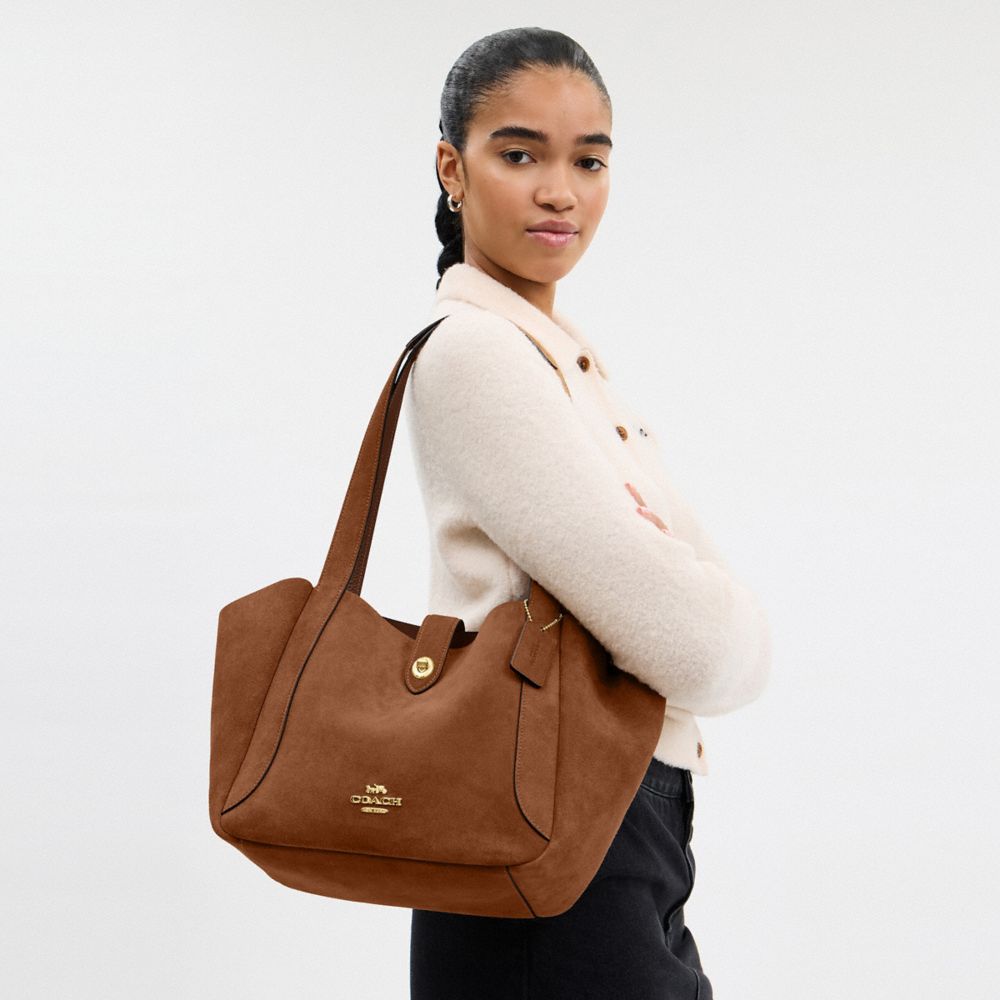 COACH®,Hadley Turnlock Tote Bag,Mixed Media,Suede,Fabric,Leather,Lining Canvas,Tote,Embellished,Lined,Gold Metal,Casual,Brown,Detail View