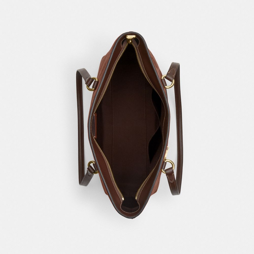COACH®,Station Tote Bag,Mixed Media,Suede,Leather,Tote,Logo,Metal,Lined,Gold Metal,Casual,Brown,Inside View,Top View