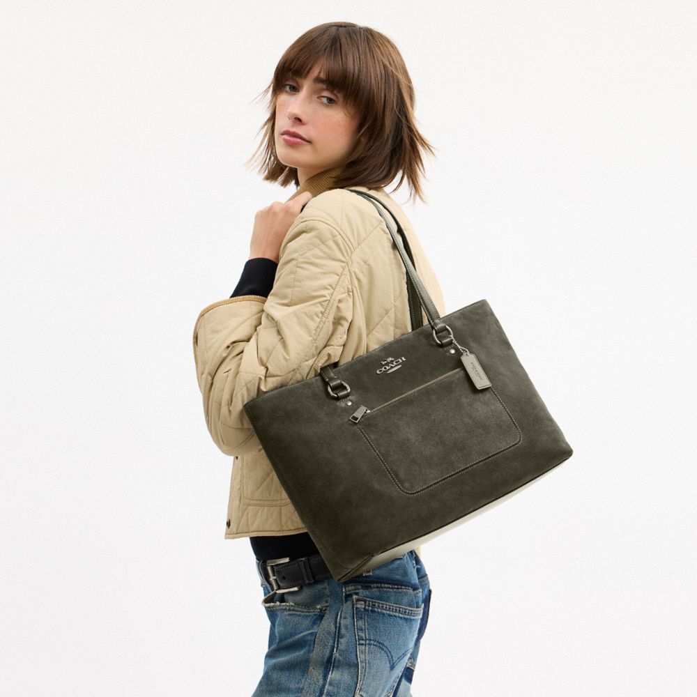 COACH®,Station Tote Bag,Mixed Media,Suede,Leather,Tote,Logo,Metal,Lined,Gold Metal,Casual,Olive,Detail View