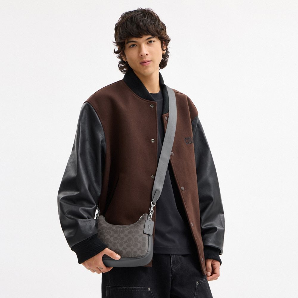 COACH®,Nolan Hobo Bag In Signature Canvas,Canvas,Leather,Crossbody,Logo,Scratch Resistant,Lined,Adjustable,Compact,Durable...,Gray,Detail View