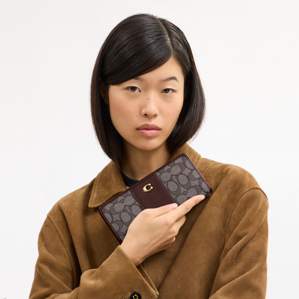 COACH®,Essential Slim Wallet In Signature Jacquard,Recycled Polyester,Cotton,Polyester,Recycled Cotton,Leather,Calfskin Le...,Brown,Detail View