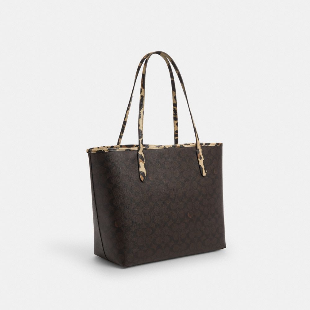 COACH®,City Tote Bag In Signature Canvas With Leopard Print,Brown,Angle View