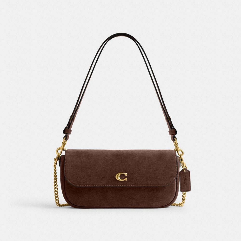 COACH®,Brook Flap Chain Bag,Leather,Calfskin Leather,Suede,Shoulder Bag,Logo,Embellished,Luggage Tag,Compact,Adjustable,Li...,Brown,Front View