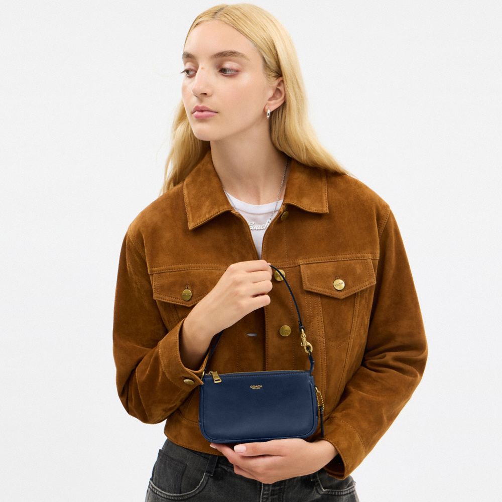 COACH®,Plaza Bag 18,Leather,Shoulder Bag,Lined,Compact,Adjustable,Gold Metal,Brass,Day Party,Navy,Detail View