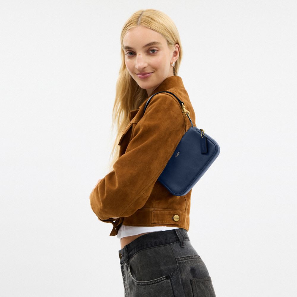 COACH®,Plaza Bag 18,Leather,Shoulder Bag,Lined,Compact,Adjustable,Gold Metal,Brass,Day Party,Navy,Detail View