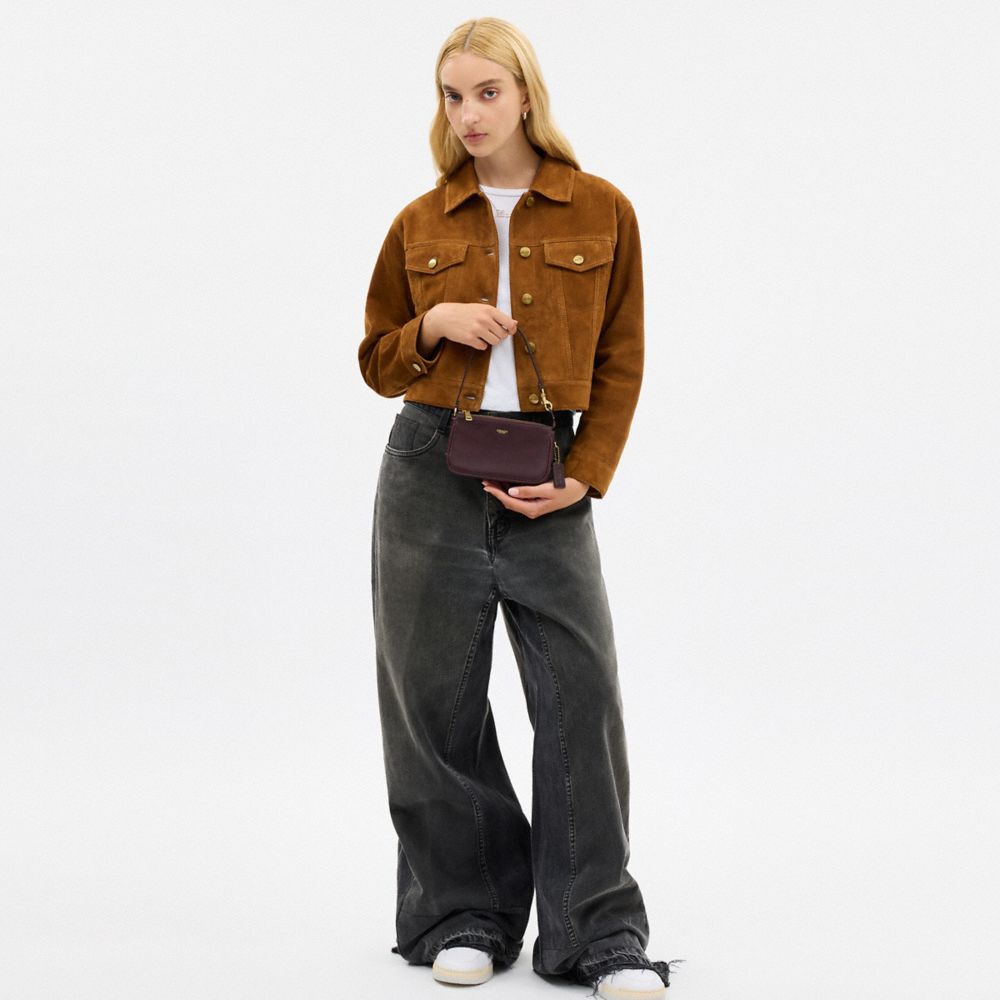 COACH®,Plaza Bag 18,Leather,Shoulder Bag,Lined,Compact,Adjustable,Brass,Gold Metal,Day Party,Purple,Detail View